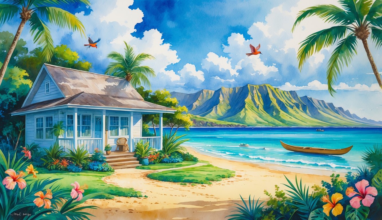 A tropical beach scene with a small cottage surrounded by palm trees and flowers, a sandy path leading to the ocean with a canoe near the shore, and mountains in the background under a blue sky.