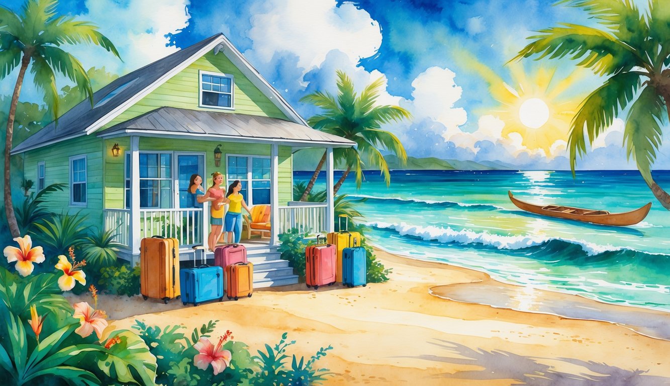 A family unpacking at a beach house surrounded by palm trees and tropical plants near the ocean shore with a canoe on the sand.