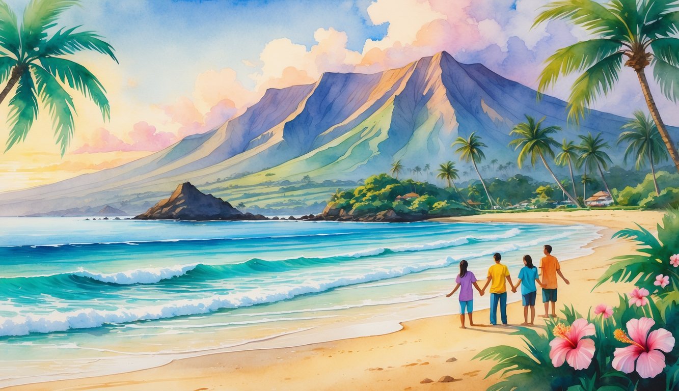 A peaceful tropical beach scene with palm trees, flowers, ocean waves, and mountains in the background, showing people coming together near the shore.