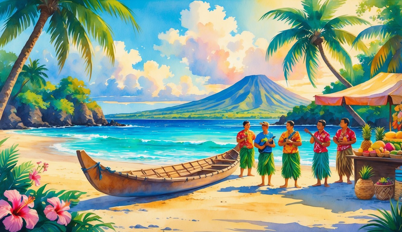 A tropical Hawaiian beach scene with palm trees, a canoe on the sand, locals in traditional clothing playing ukuleles, a market stall with fruits and crafts, and a volcanic mountain in the background.