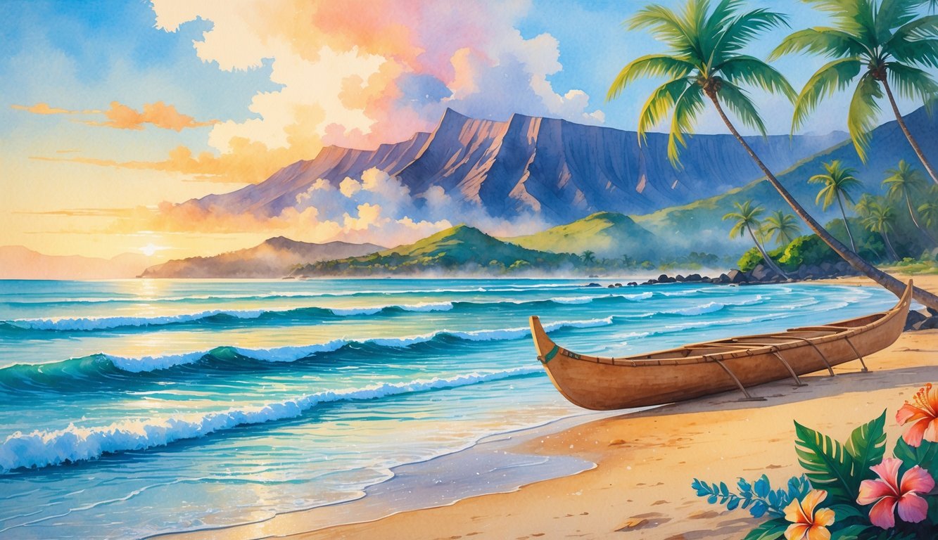 A peaceful Hawaiian beach with gentle waves, tropical flowers, palm trees, a canoe, and volcanic mountains in the background at sunrise.