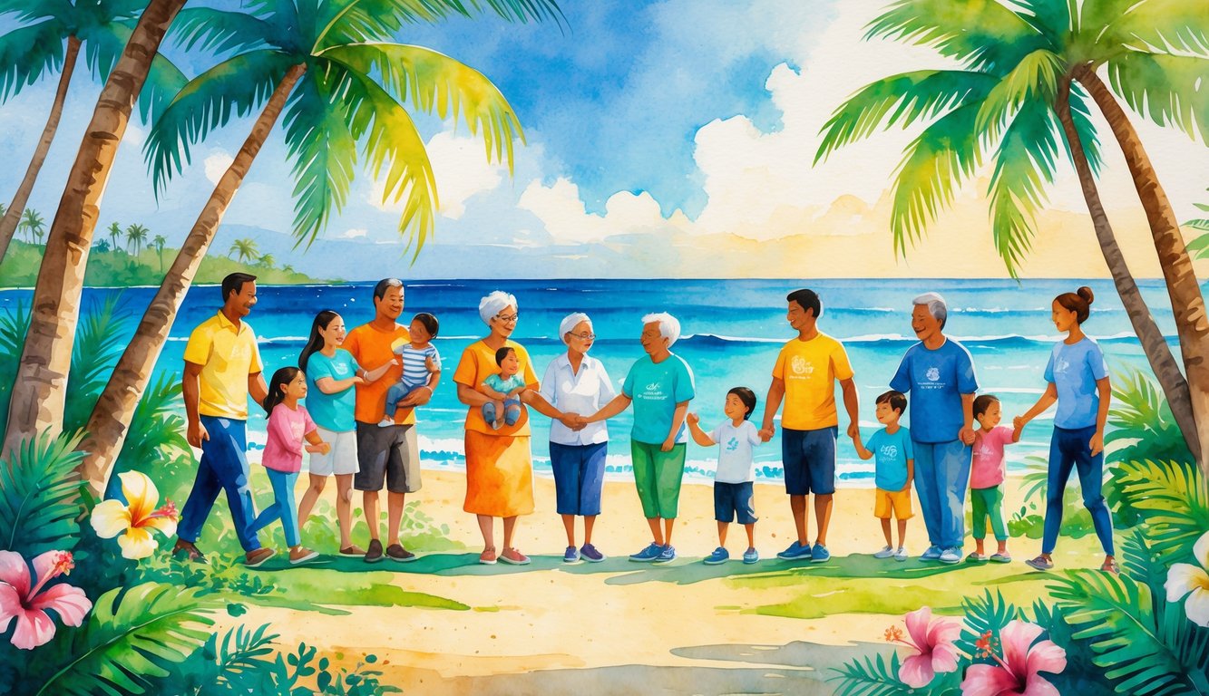 A diverse group of people including families, elderly, and volunteers gathered together outdoors in a tropical Hawaiian setting with palm trees and flowers, showing a caring community.