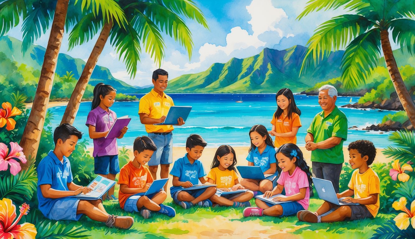 Children and adults engaged in learning activities outdoors in a Hawaiian landscape with palm trees, mountains, and the ocean.