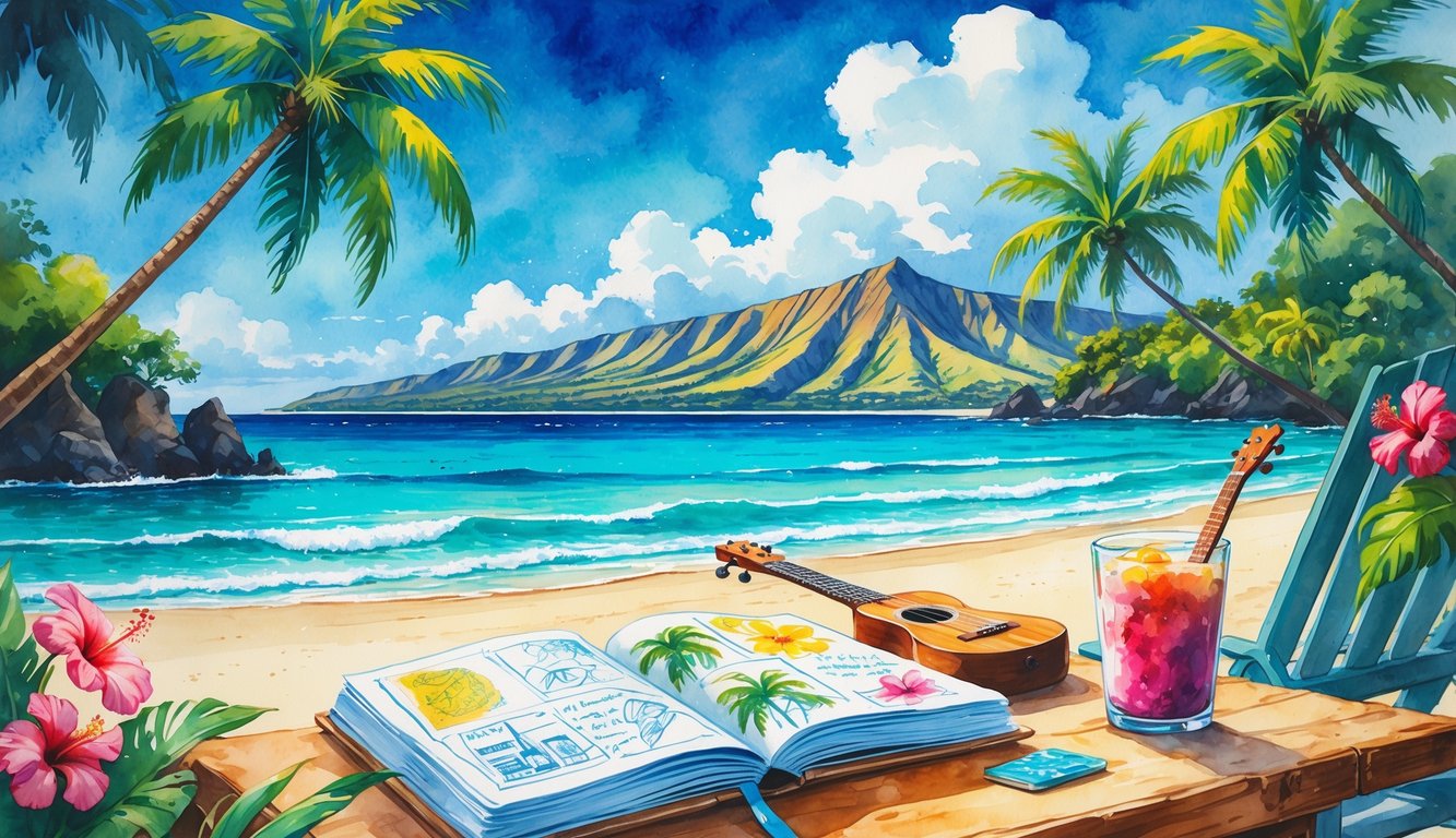 A tropical Hawaiian beach with palm trees, turquoise water, a travel journal on a wooden table, a ukulele, and distant mountains under a blue sky.