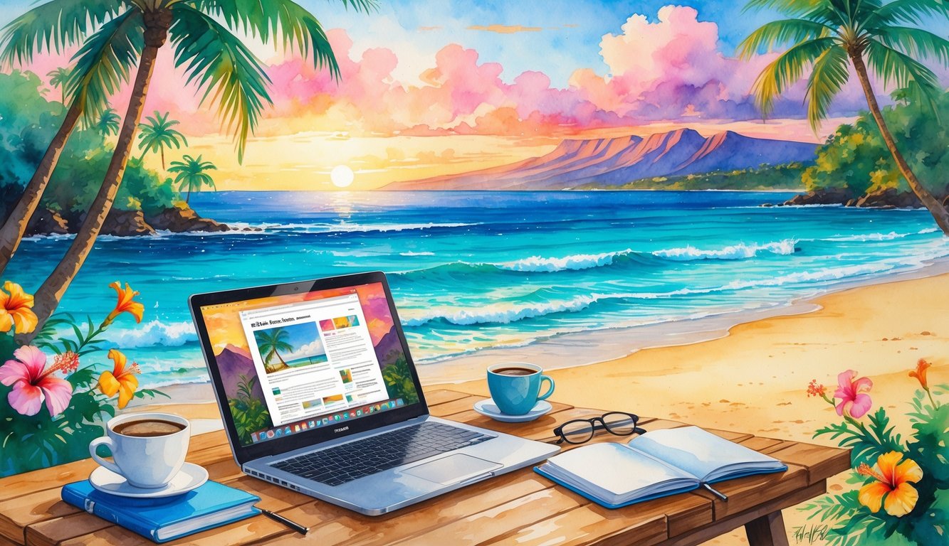A peaceful Hawaiian beach at sunrise with a wooden table holding a laptop, coffee cup, notebook, and glasses, surrounded by palm trees, flowers, ocean waves, and distant mountains.