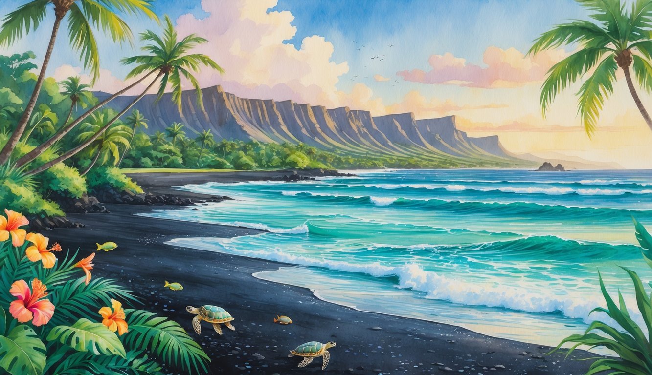 A peaceful Hawaiian coastal scene with tropical plants, black sand beach, ocean waves, volcanic mountains, and sea turtles swimming near the shore.