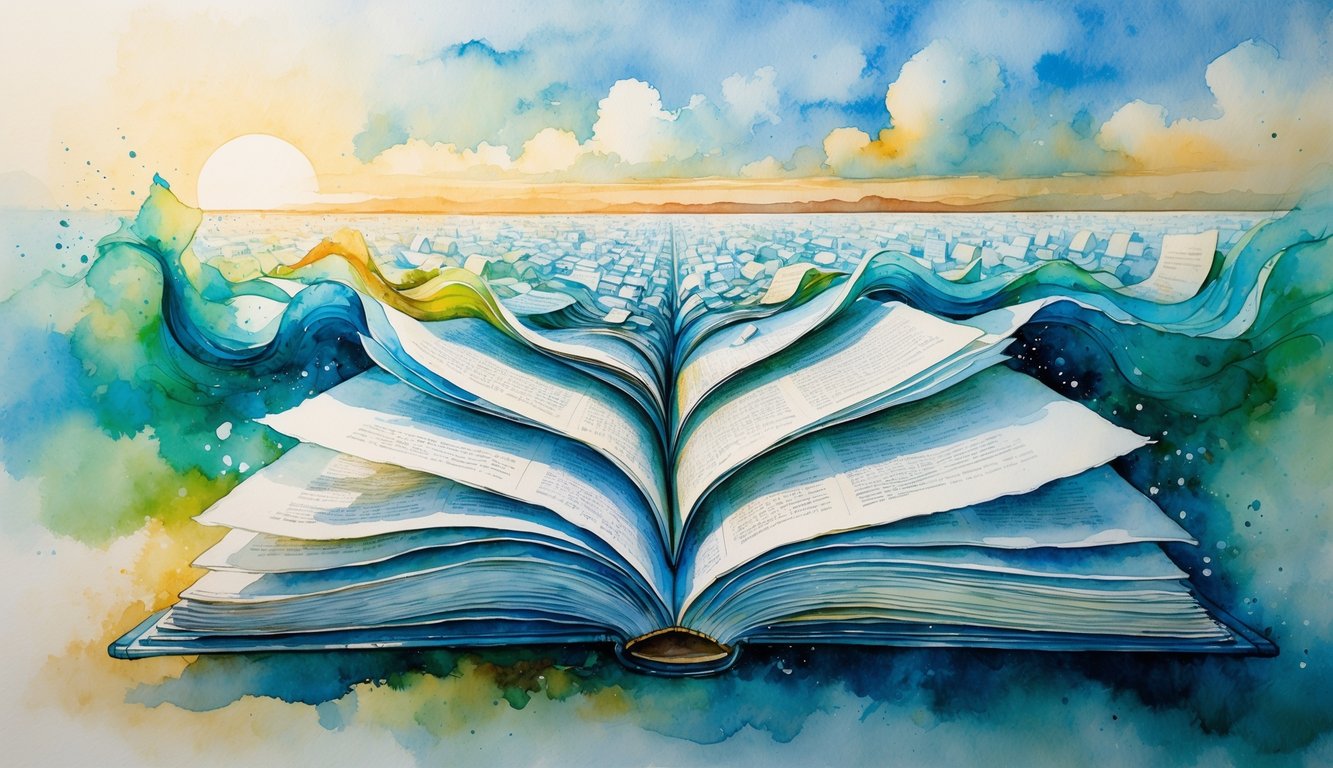 An open book with pages flowing outward into a vast sea of floating articles extending beyond the horizon under a sunrise sky.