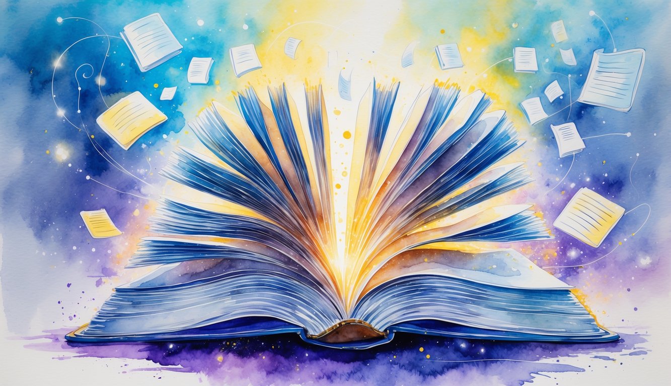 An open book with many glowing pages flying outward surrounded by floating article icons and swirling light patterns.
