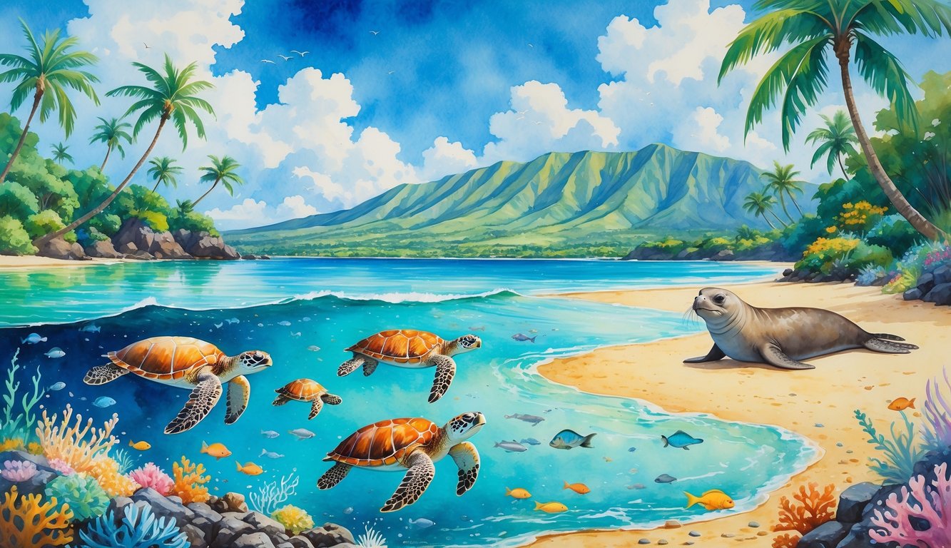 A peaceful Hawaiian coastal scene with sea turtles swimming near coral reefs, a monk seal resting on the beach, palm trees, and mountains in the background.