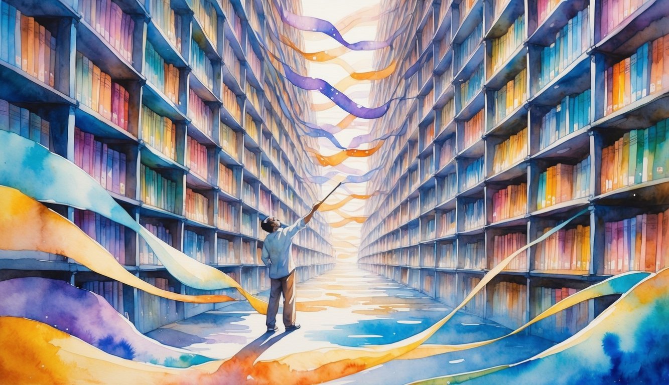 A large library with endless shelves filled with books, with an artist painting colorful ribbons flowing through the space.
