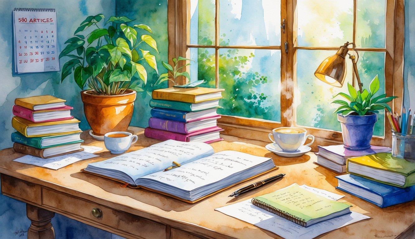 A cozy workspace with a desk by a window, an open notebook with a pen, stacks of books, papers, a plant, and a cup of tea, symbolizing growth and dedication.