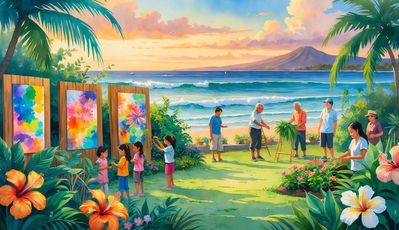 People of all ages engaging in community art and gardening activities near the ocean with tropical flowers and mountains in the background.