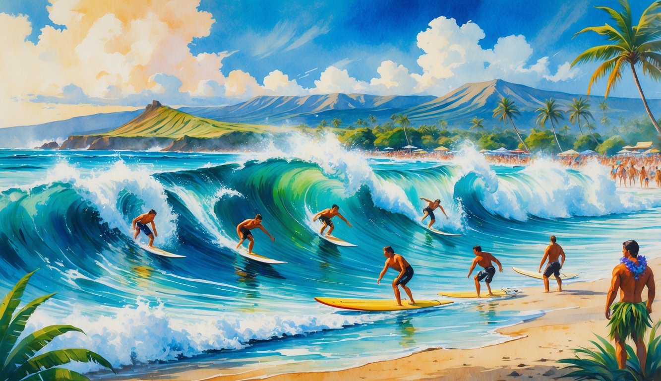 Surfers riding large waves near a Hawaiian coastline with palm trees and mountains, while people watch from the shore.