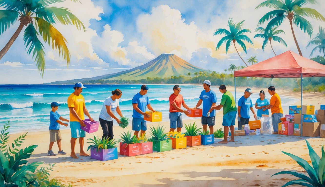 People on a Hawaiian beach working together to donate, volunteer, and plant native plants with palm trees and ocean in the background.