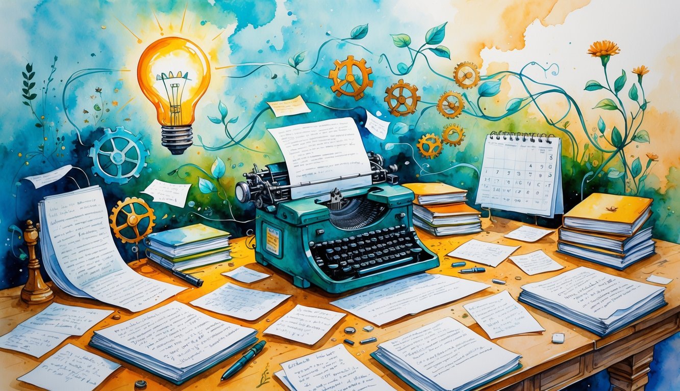 A creative workspace with a desk covered in papers, a typewriter, open books, and symbols of ideas and growth like a lightbulb, gears, a calendar, and blooming vines.