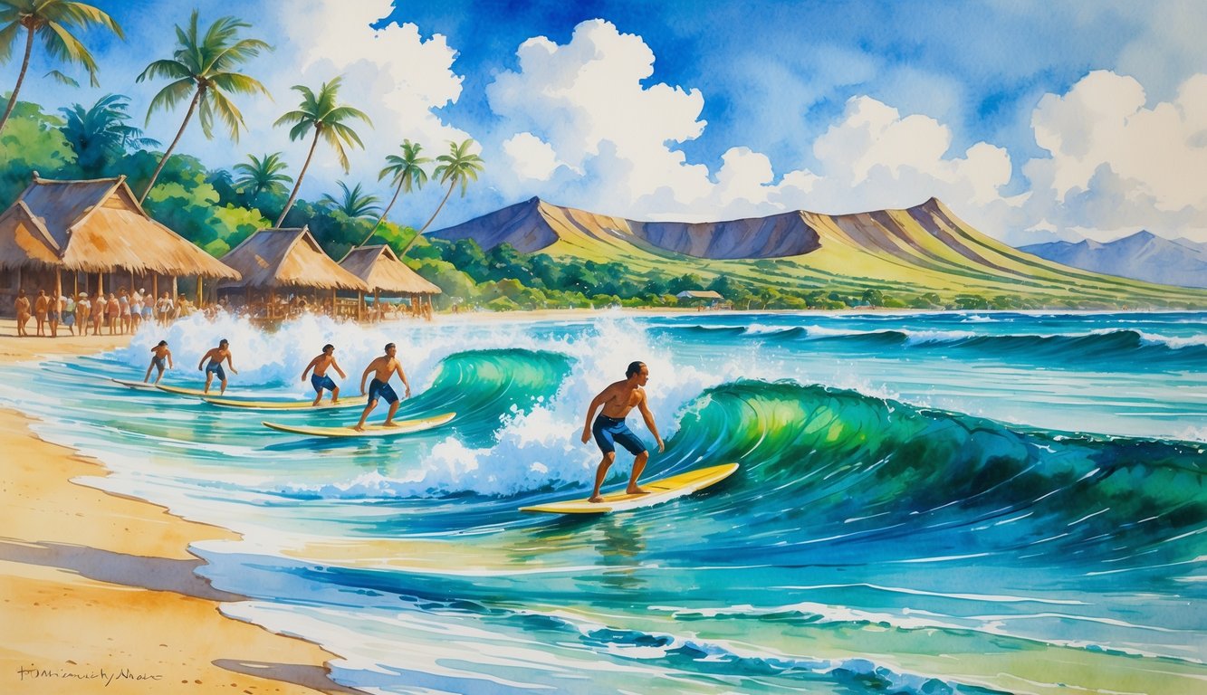 Early Hawaiian surfers riding wooden boards on ocean waves near a tropical beach with traditional huts, palm trees, and mountains in the background, while people watch from the shore.