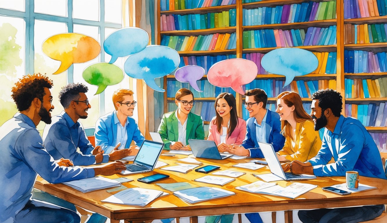 People gathered around a table talking with papers and devices, with a large bookshelf filled with many books behind them.