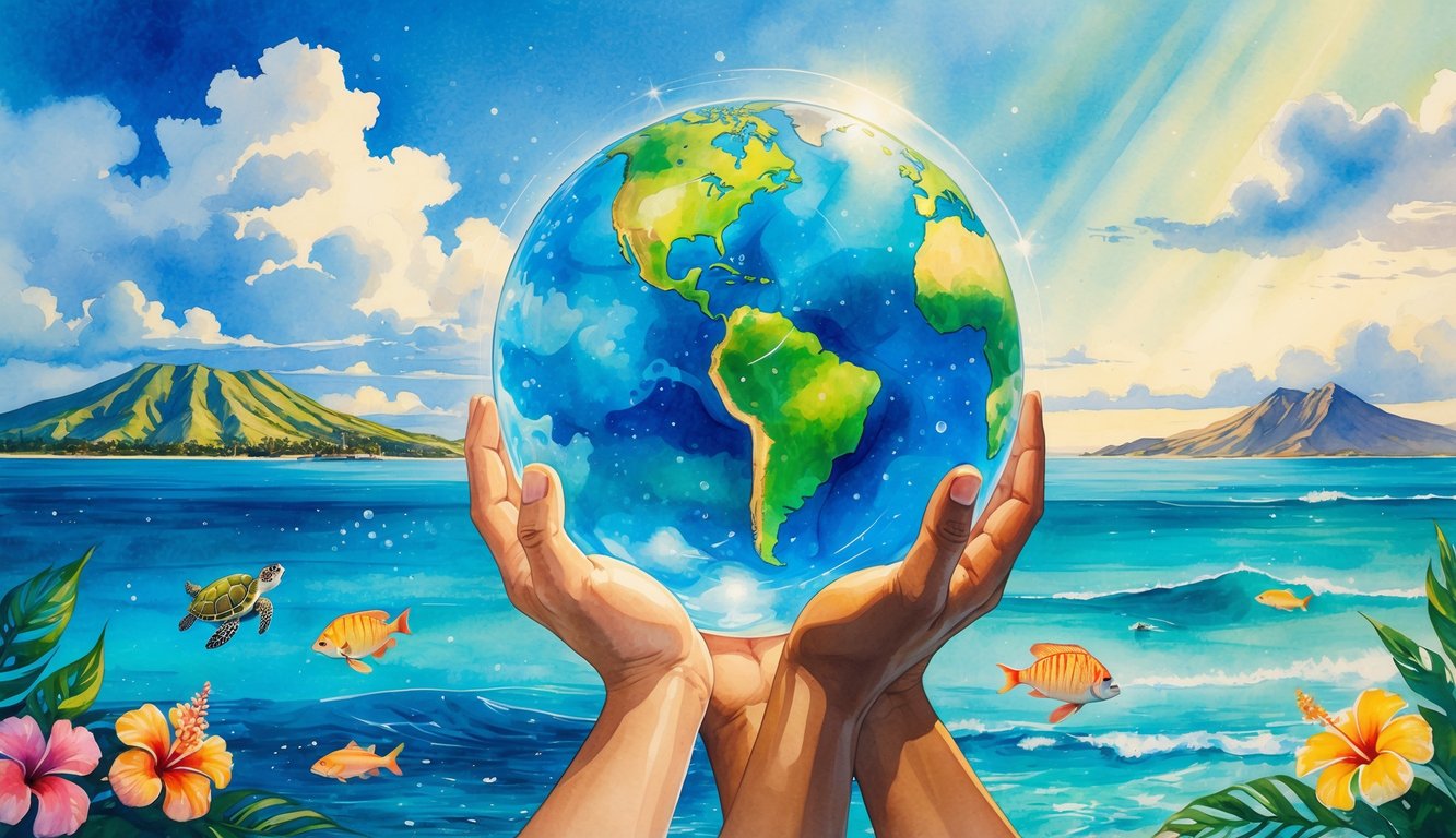 Hands holding a glowing transparent globe showing Hawaiian islands surrounded by native flowers and marine life with ocean and mountains in the background.