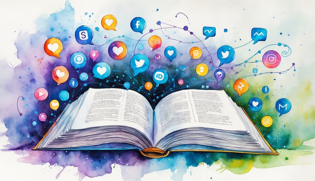 An open book with many pages turning surrounded by colorful social media icons connected by swirling lines, with abstract figures using devices in the background.
