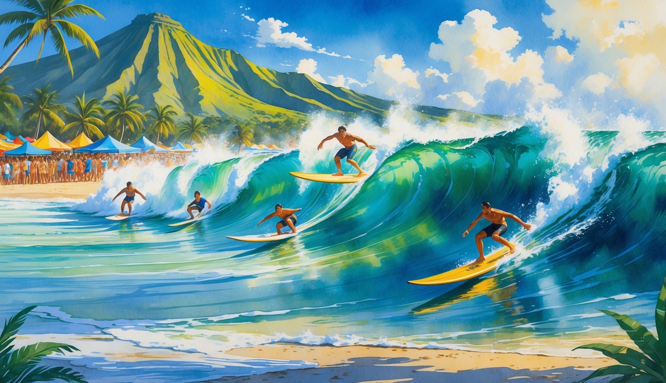 Surfers riding large waves near a tropical beach with palm trees and mountains in the background, surrounded by spectators watching the competition.