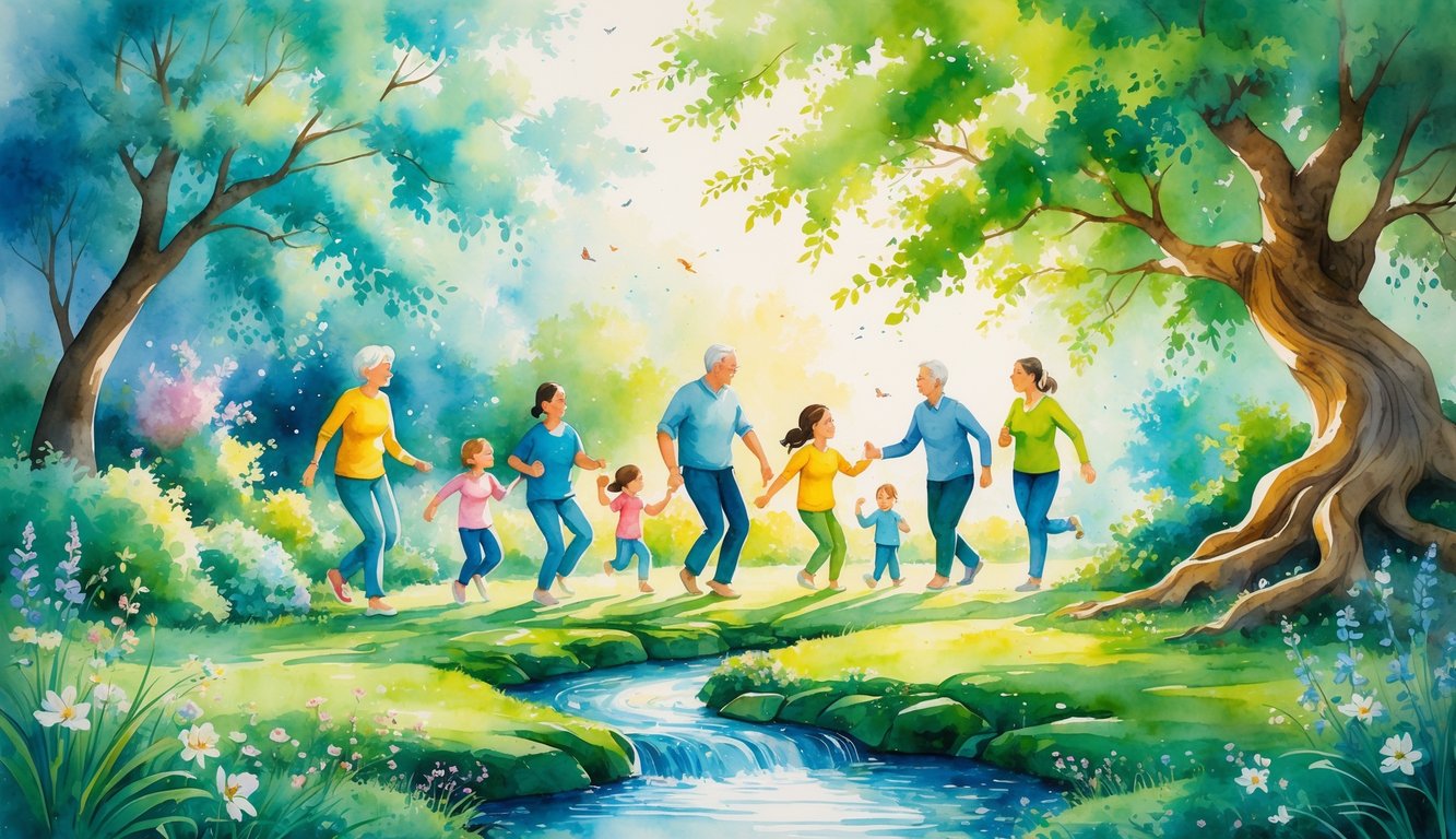 A peaceful garden scene showing people of different ages enjoying nature and healthy activities together under sunlight among trees and flowers.