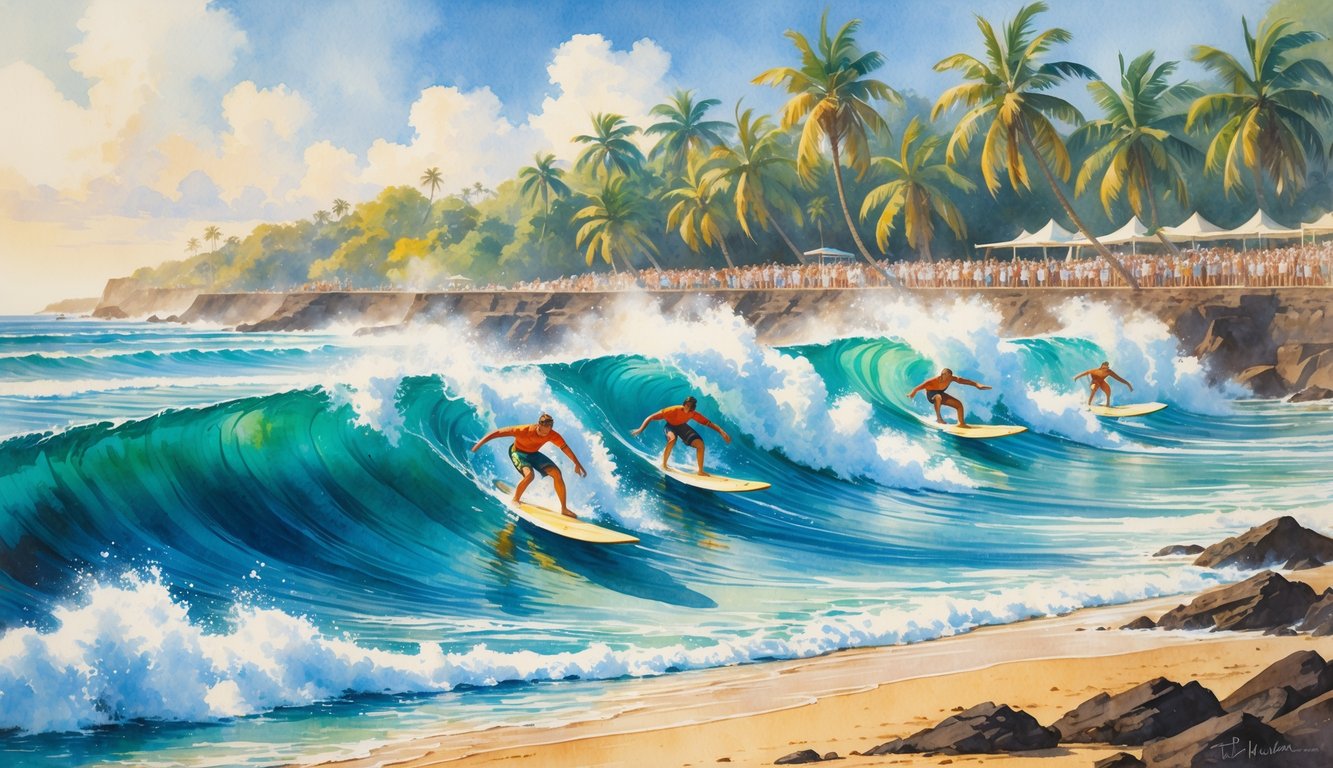 Surfers riding large waves near a tropical Hawaiian beach with spectators watching from the shore.