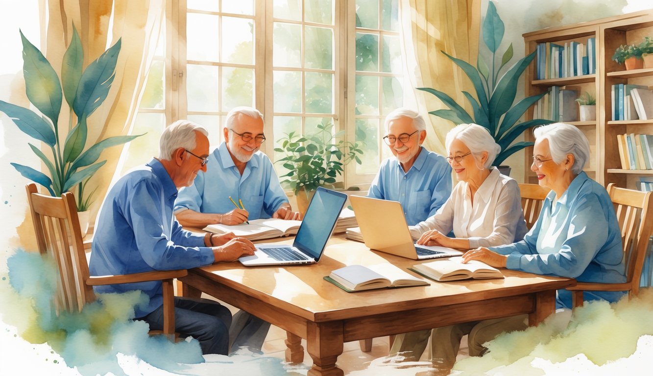 Older adults sitting around a table with books and laptops, engaged in writing and learning together in a cozy home library.