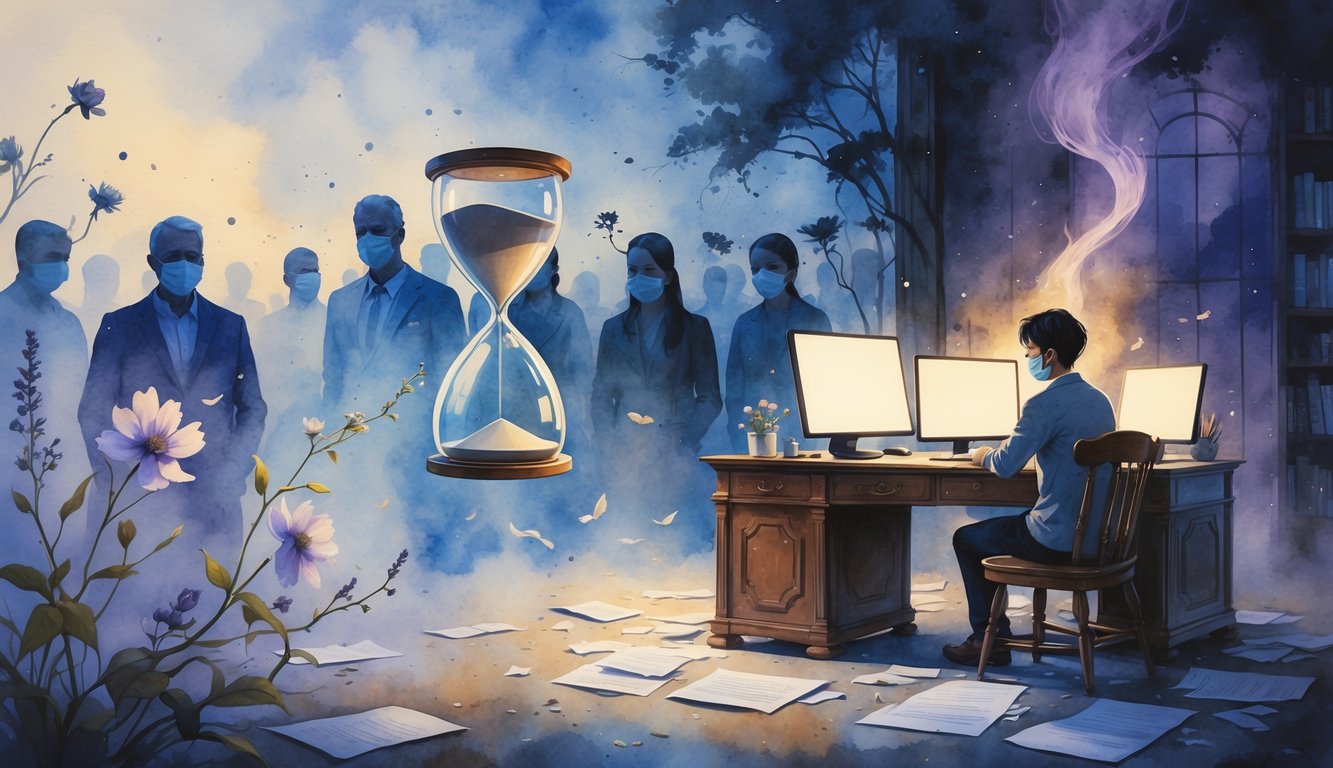 A person sitting at a desk surrounded by papers and glowing screens, with a floating hourglass and fading masked figures in the background, alongside blooming and wilting flowers.
