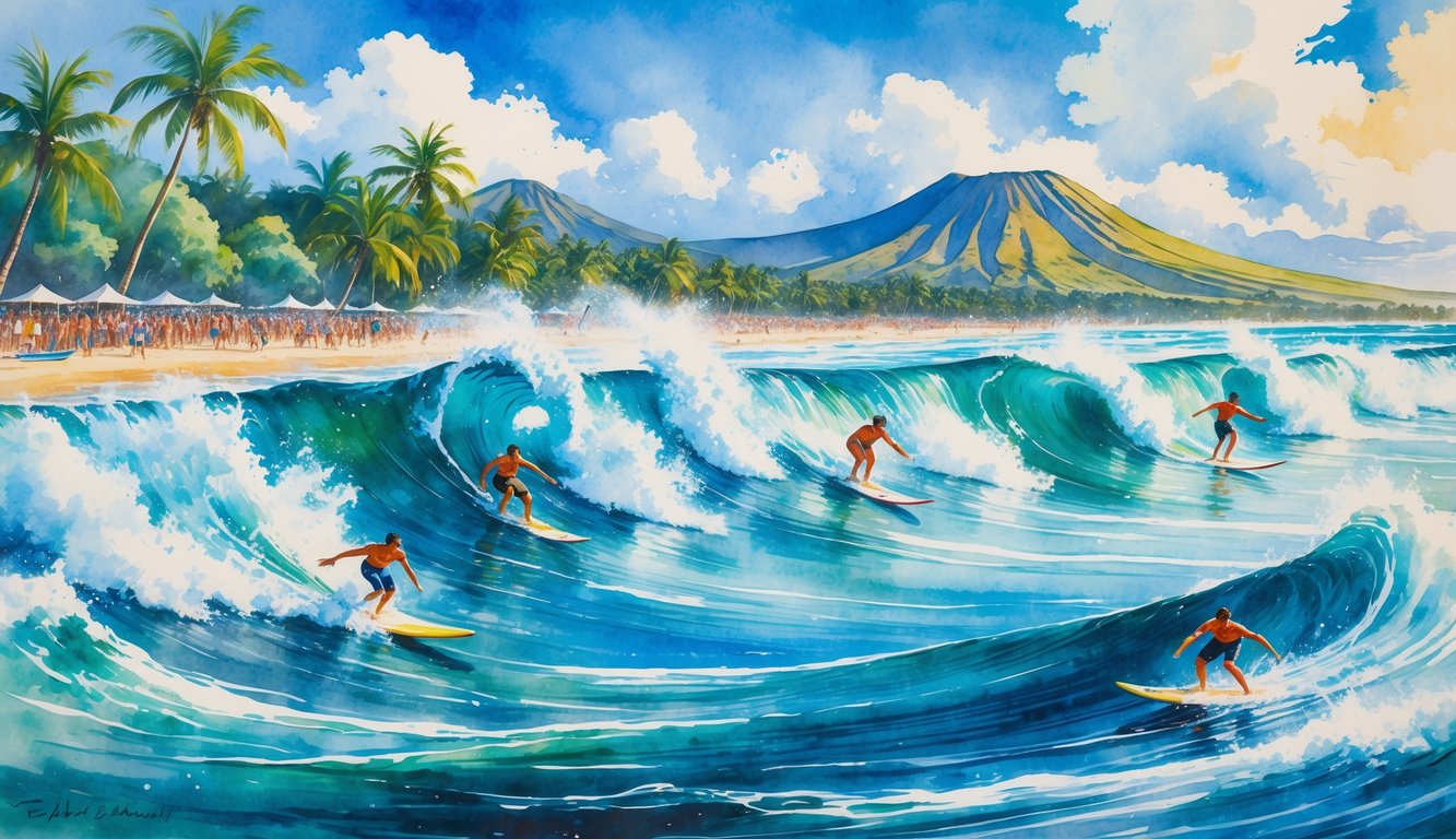 Surfers riding large ocean waves near a tropical beach with palm trees and mountains in the background.