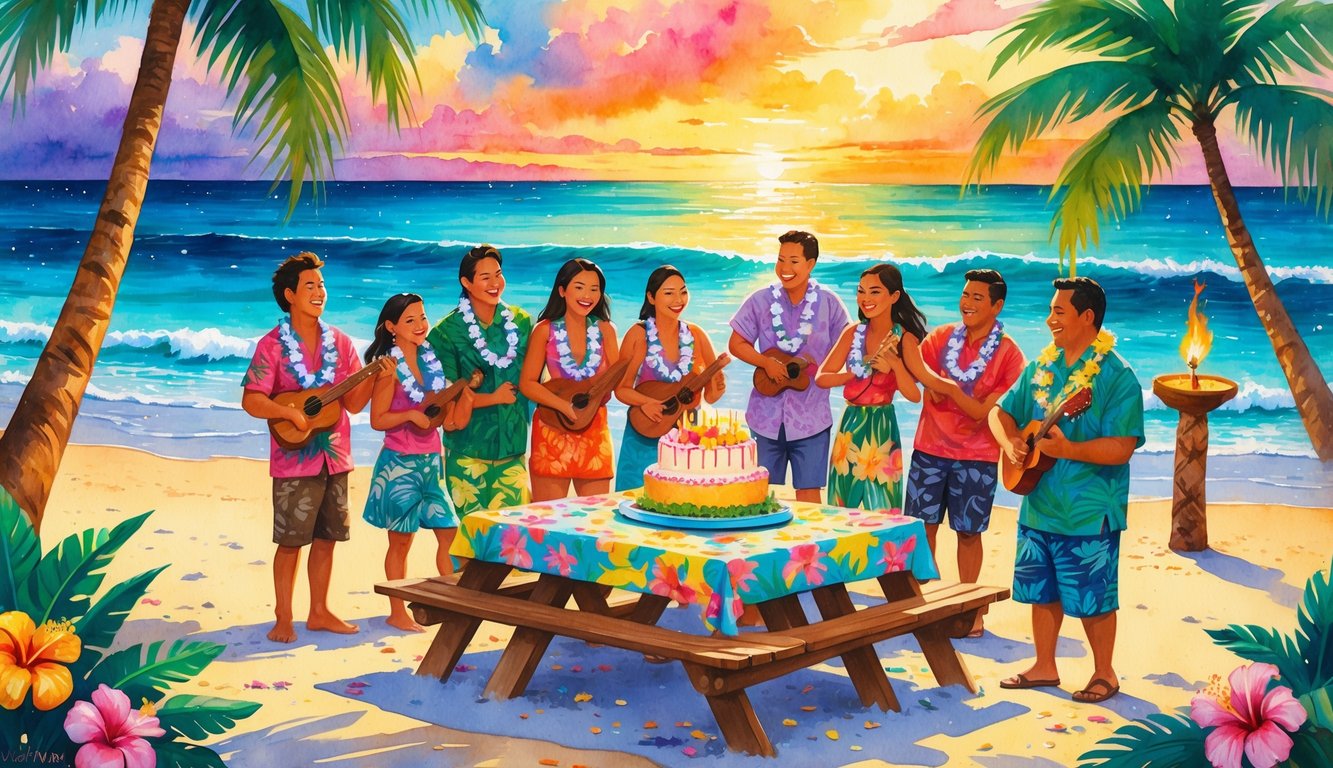 A group of people celebrating a birthday on a tropical Hawaiian beach with palm trees, a decorated table with a cake, and a colorful sunset in the background.