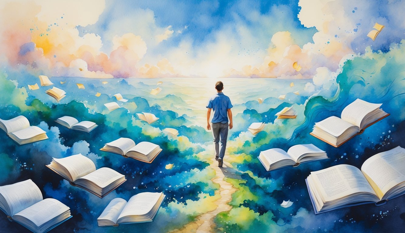 A man walking along a winding path surrounded by many floating pages under a bright sky.