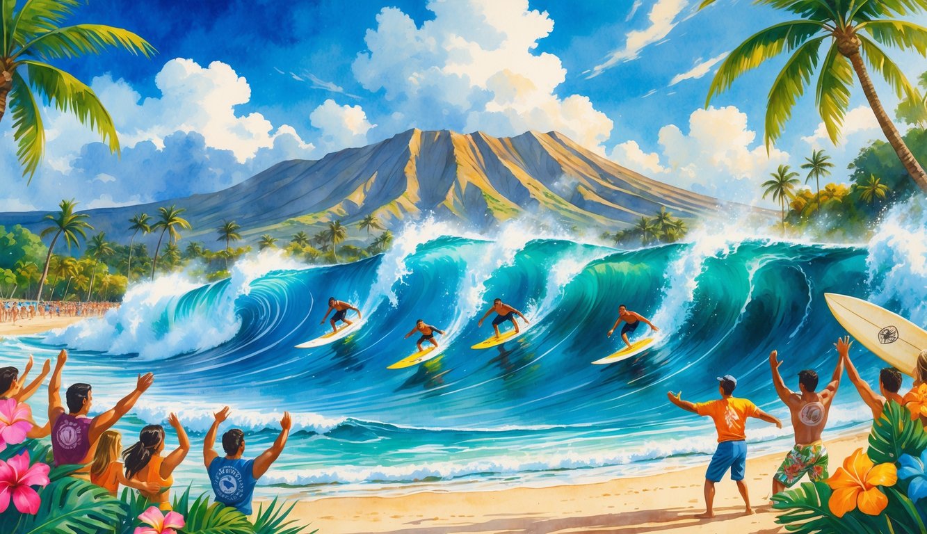 Surfers riding large ocean waves with spectators cheering on a sandy beach surrounded by palm trees and mountains.