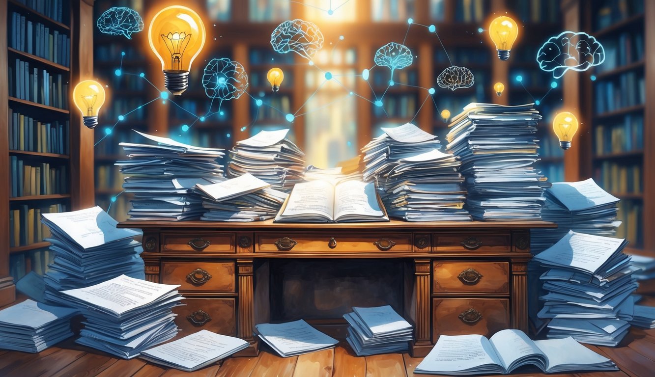 A desk covered with many papers and notebooks, surrounded by glowing symbols representing intelligence, set in a room with tall bookshelves full of books.