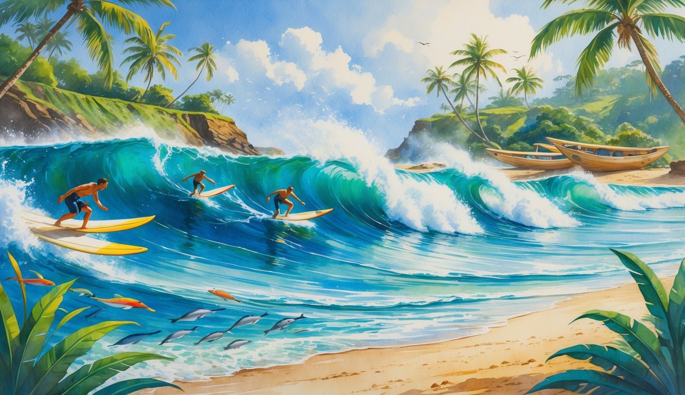 Surfers riding waves near a green Hawaiian coastline with traditional canoes and native plants, showing a connection between surfing history and nature.