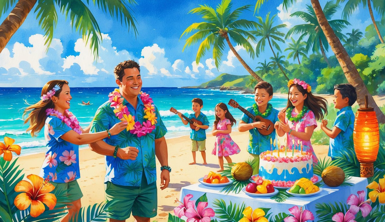 People celebrating a birthday on a sunny Hawaiian beach with leis, tropical fruits, music, and dancing near palm trees and the ocean.