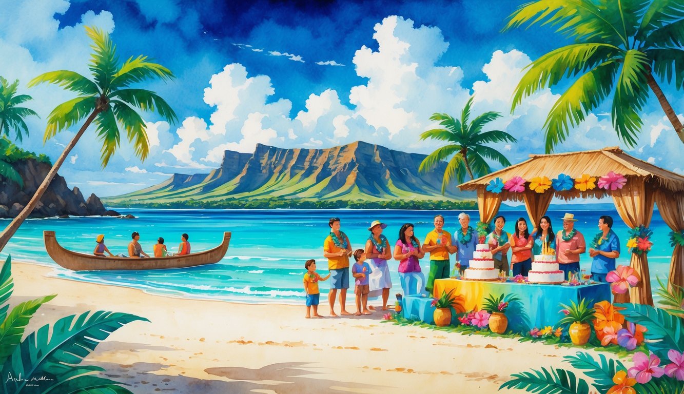 A tropical beach with palm trees and people celebrating a birthday outdoors near the ocean, with decorations and a birthday cake.