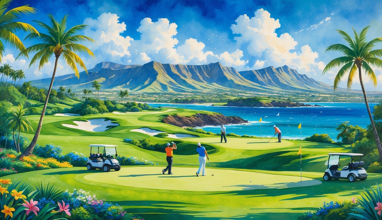 A golf course in Hawaii with golfers playing, surrounded by palm trees, mountains, and the ocean in the background.