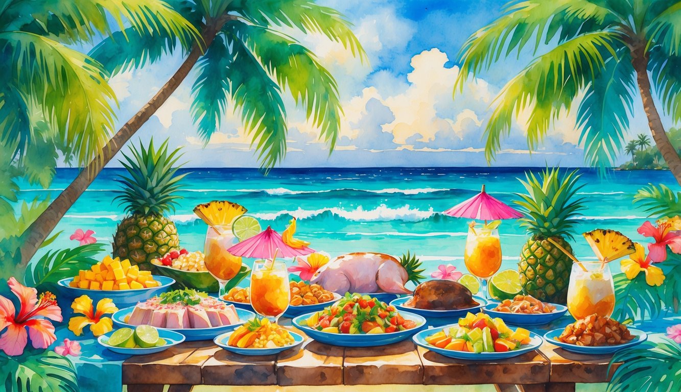 A tropical outdoor birthday celebration in Hawaii with a table full of traditional Hawaiian food and drinks surrounded by palm trees and flowers by the ocean.