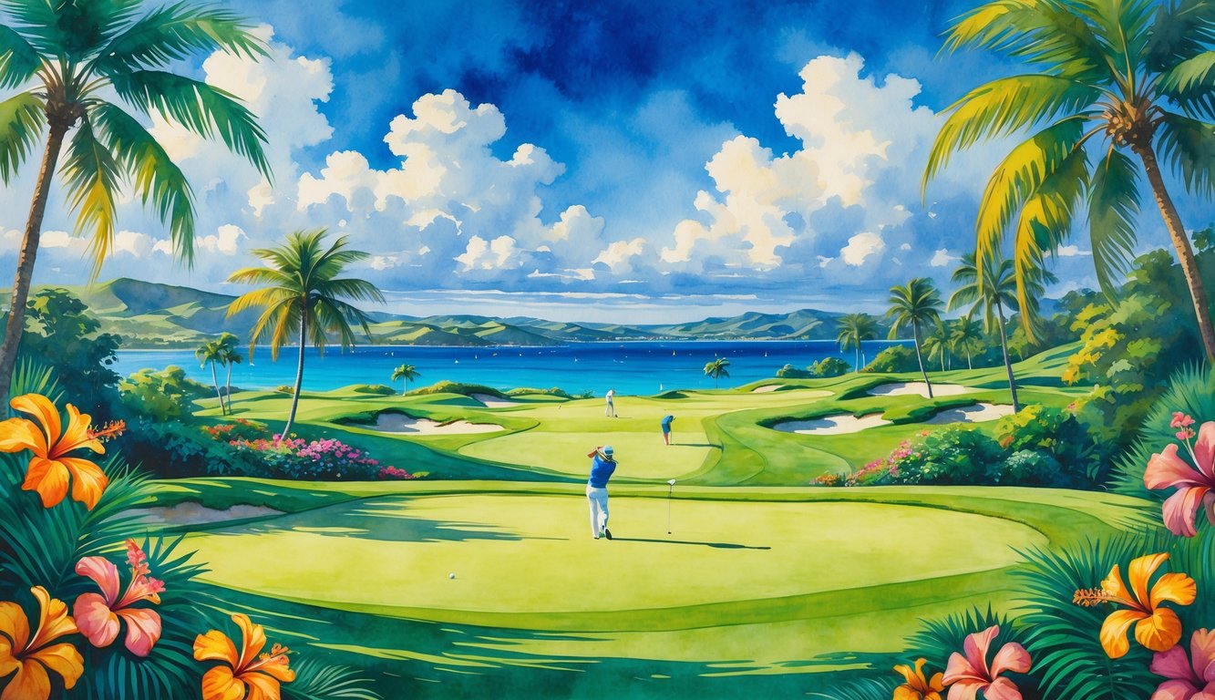 A scenic golf course in Hawaii with palm trees, colorful flowers, golfers playing, rolling hills, and the ocean in the background.
