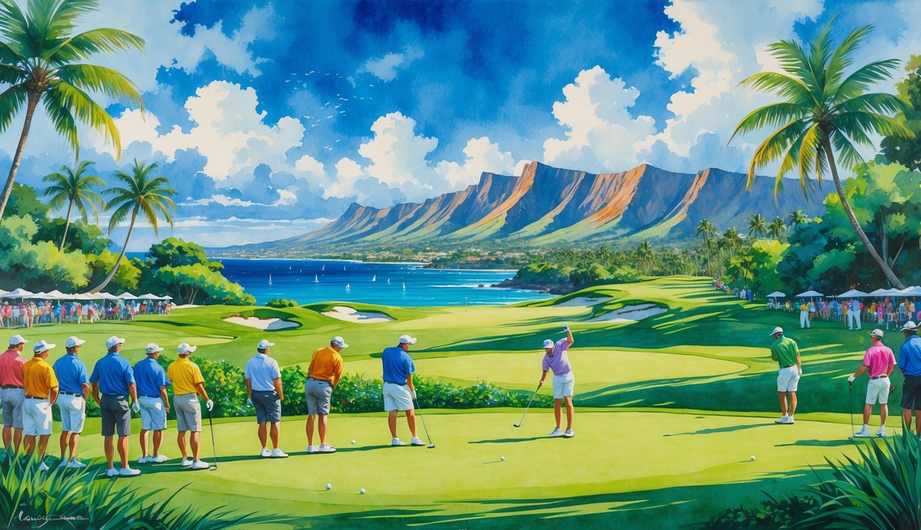 A golf course in Hawaii with golfers playing and spectators watching, surrounded by palm trees, mountains, and ocean in the background.