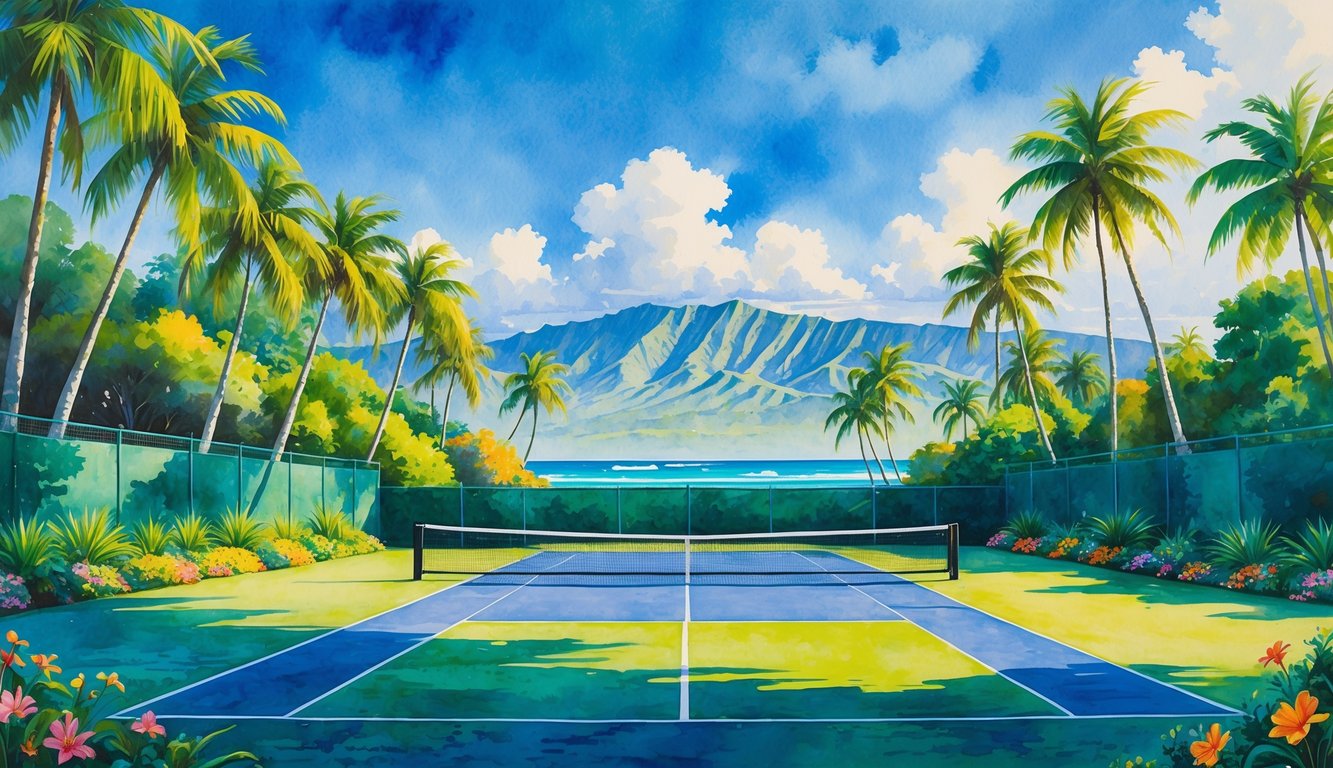 A tennis court surrounded by palm trees and tropical plants with mountains and the ocean visible in the background.