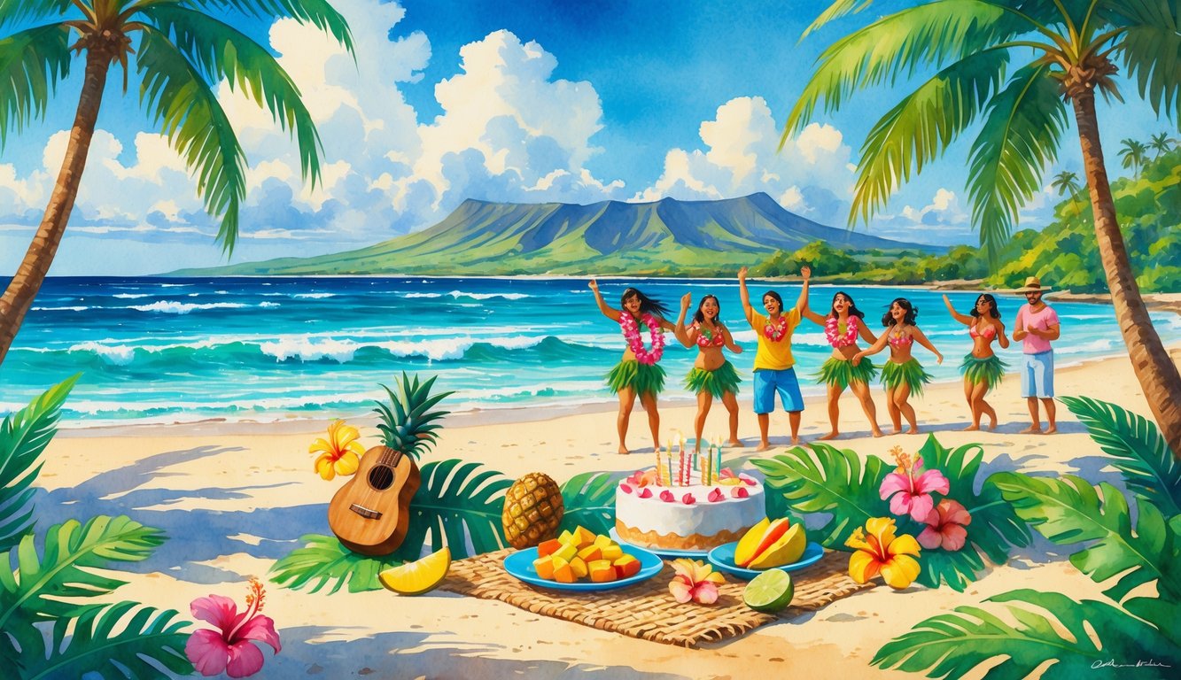 A tropical beach birthday celebration with people, palm trees, a picnic with fruits and a cake, and ocean waves in the background.