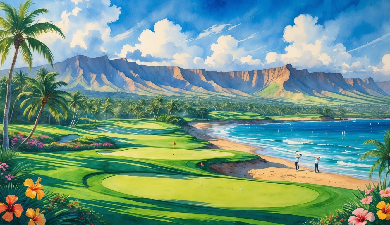 A golf course in Hawaii with green fairways, palm trees, mountains, and the ocean nearby, with golfers playing in the distance.