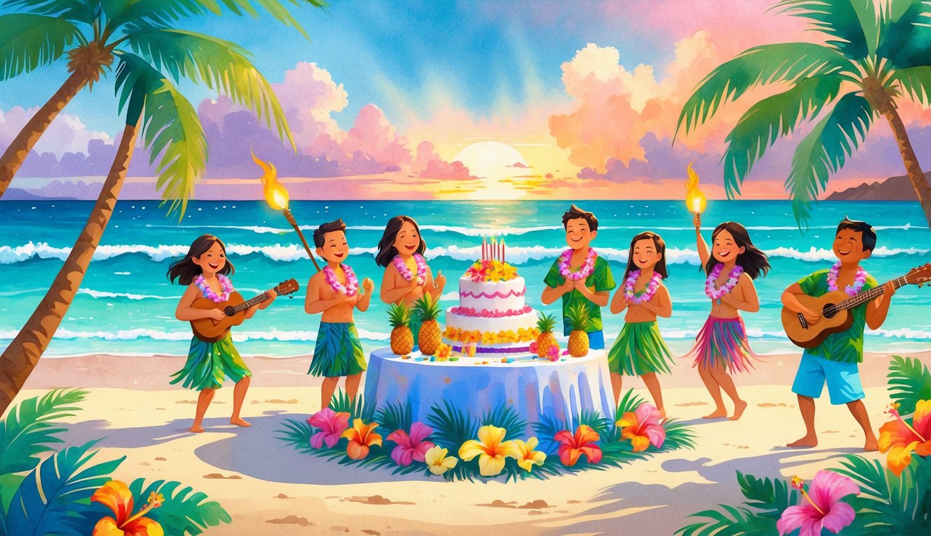People celebrating a birthday on a Hawaiian beach with palm trees, tropical decorations, and a sunset over the ocean.