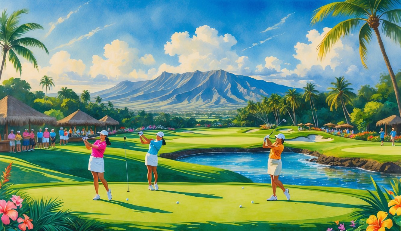 Golfers playing on a lush Hawaiian golf course surrounded by palm trees, mountains, and tropical flowers with spectators watching nearby.
