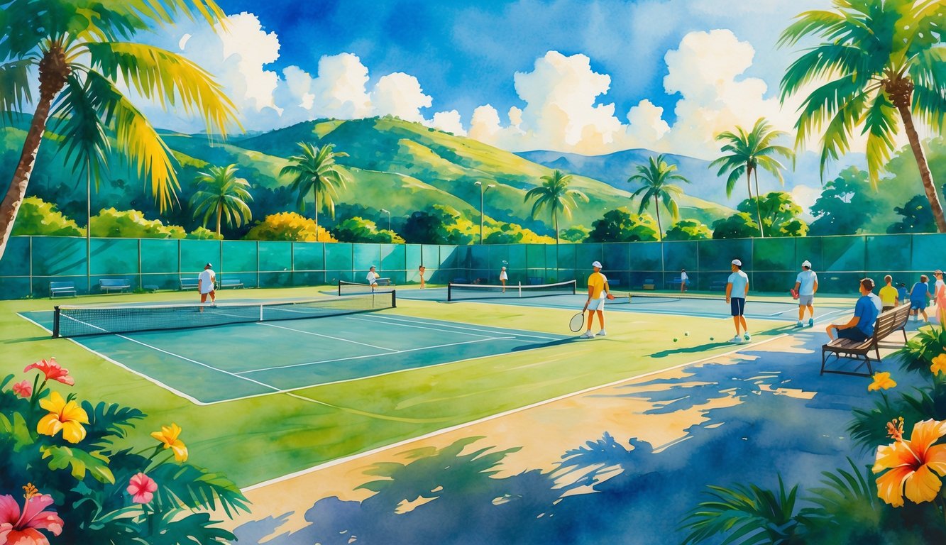 A peaceful outdoor tennis facility in Hawaii with tennis courts, palm trees, tropical plants, and people playing tennis under a blue sky.