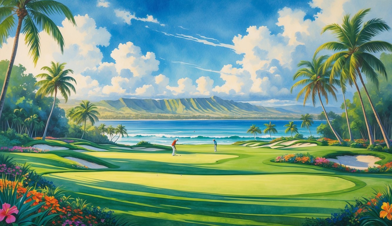 A tropical golf course in Hawaii with green fairways, palm trees, ocean waves, and golfers playing under a blue sky.