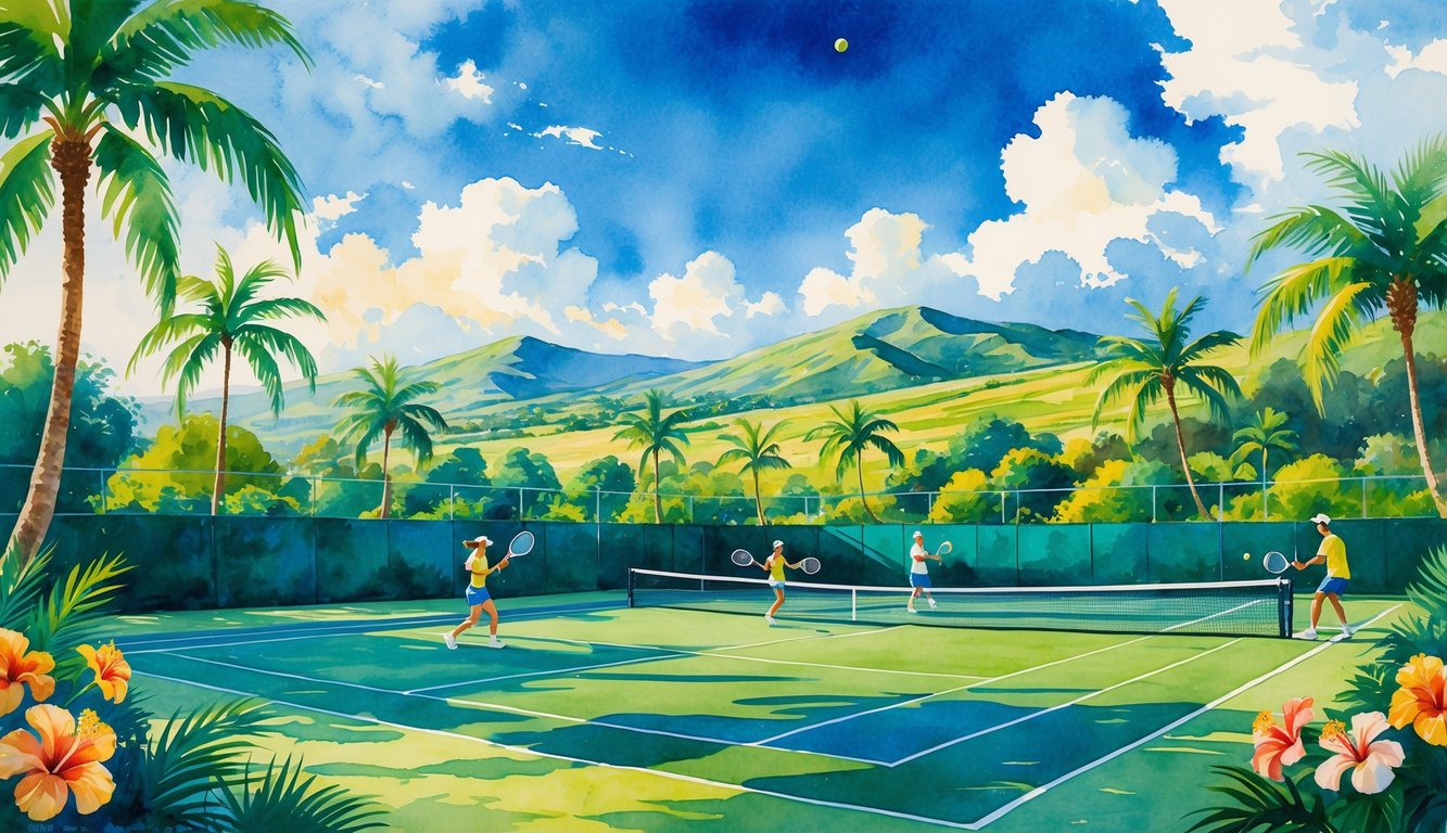 Tennis players on a court surrounded by tropical plants and palm trees with mountains in the background.