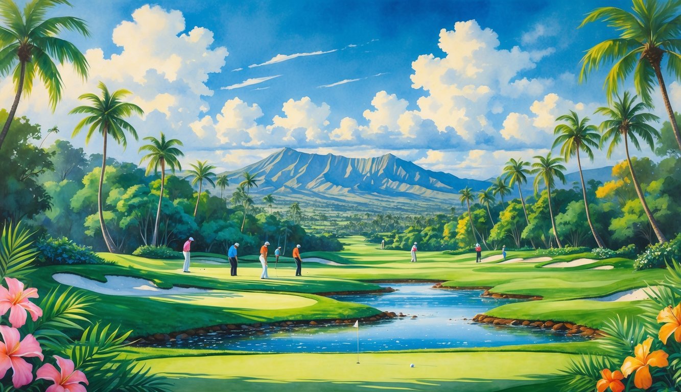 Golfers playing on a green Hawaiian golf course with palm trees, mountains, and water in the background on a sunny day.