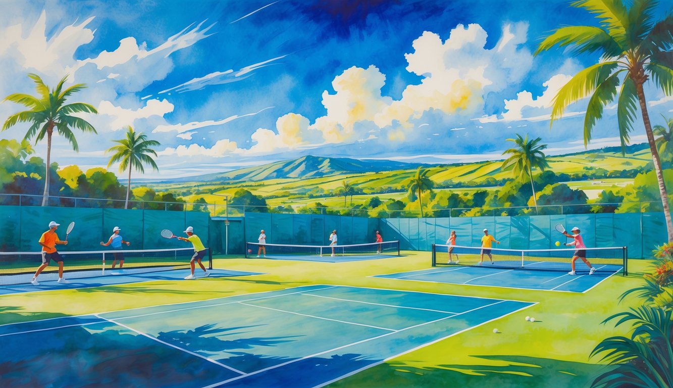 Outdoor sports complex in Hawaii with people playing tennis and pickleball surrounded by palm trees and hills under a blue sky.